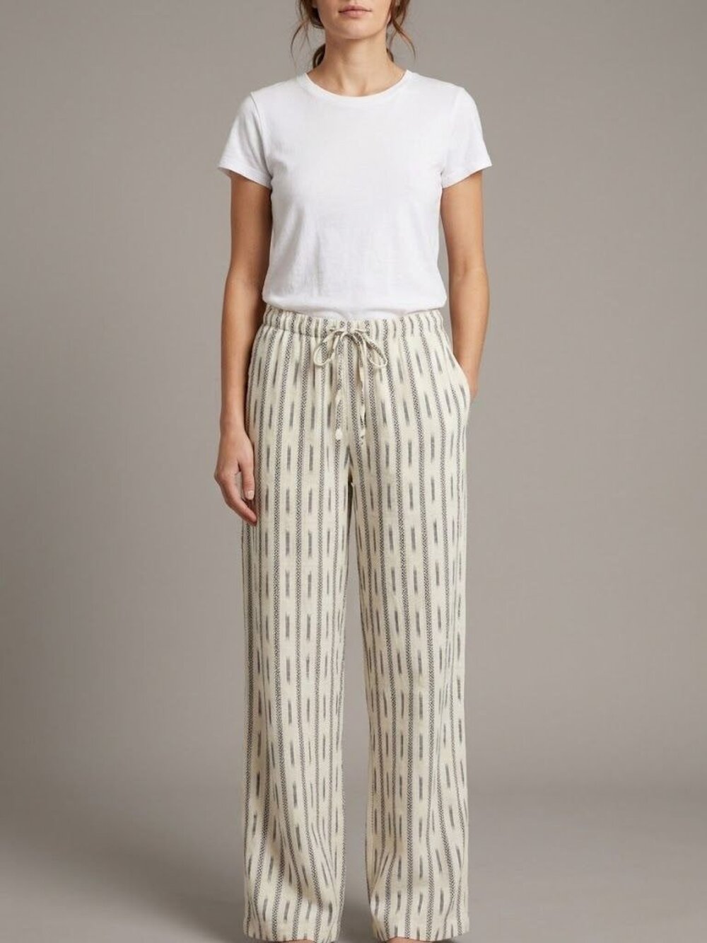 Just Living Cotton-Linen Blend Wide-Leg Drawstring Pants Women L Cream Black
